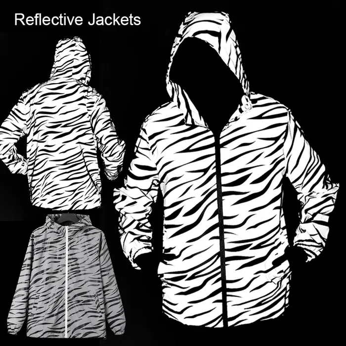 Vestes réfléchissantes imprimées zèbre pour hommes, Hip Hop, à capuche, mode, coupe-vent, lumineux, 