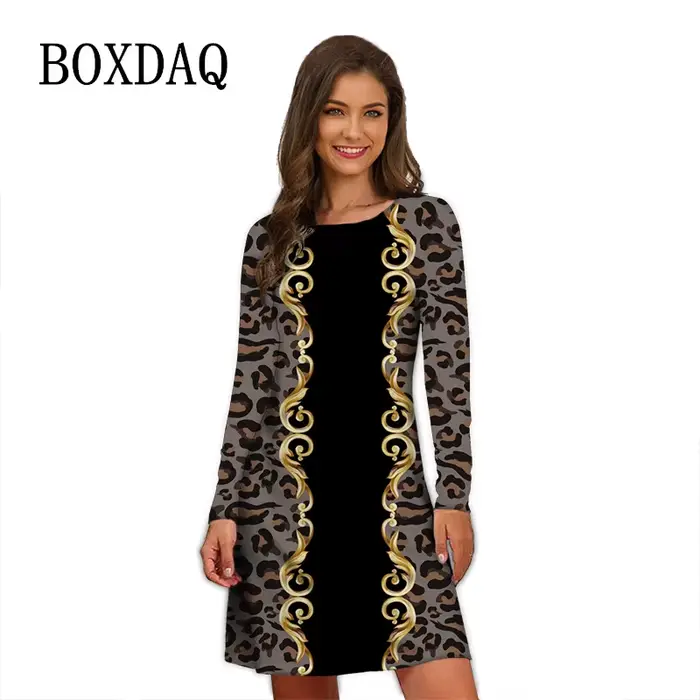 Robes élégantes à imprimé léopard pour femmes, manches longues, vêtements surdimensionnés, mode vint