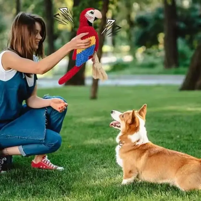 Jouet en peluche perroquet pour chien incassable qui couine, favorisant l'activité physique et la stimulation cognitive pour tous les types de chiens