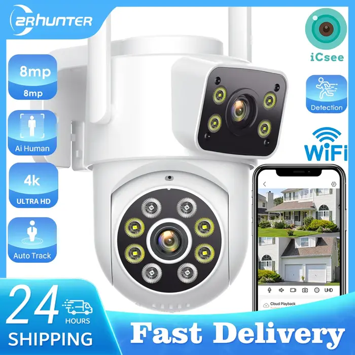 Caméra IP WiFi extérieure 8MP 4K double objectif PTZ - Zoom 5x détection humaine étanche IP66 tracking