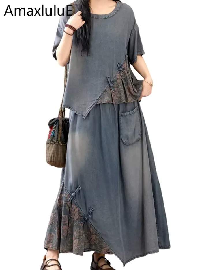 AmaxluluE 2025 costumes d'été femmes chinois 2 pièces ensembles décontracté imprimé Denim tenues de 