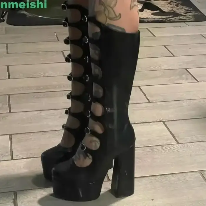 Bottes creuses mi-mollet pour femmes, chaussures à plateforme, fermeture éclair, talon carré, sangle