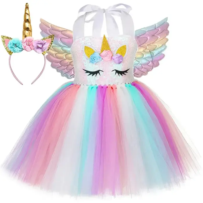 Robe Tutu licorne à paillettes pour filles, Costume de princesse en Tulle à fleurs, tenue de fête d'