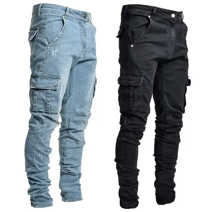 Jean élastique de rue pour hommes, pantalon Cargo en Denim, couleur unie, multi-poches, décontracté,