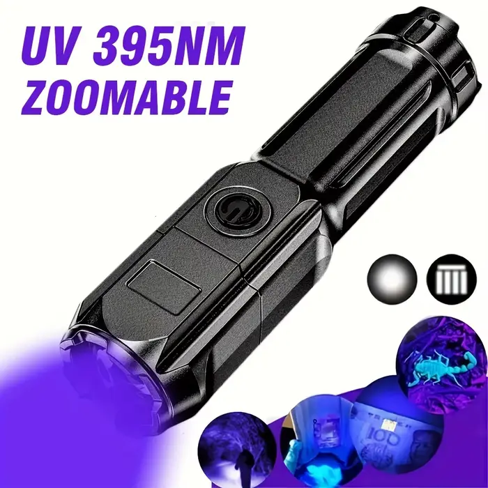 Lampe de poche UV Portable UV395NM, torche ABS Zoomable, 3 Modes, lampes de poche ultraviolettes pou