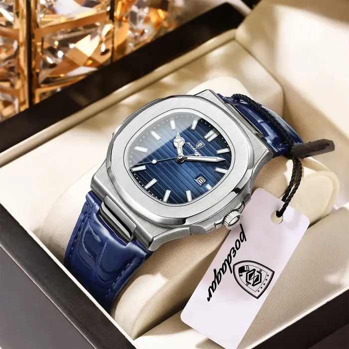 Montre homme carrée luxe cuir quartz - Étanche lumineuse calendrier boîte cadeau montre poignet élégante