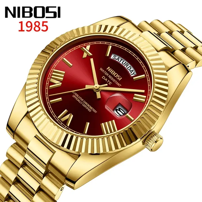 Montre de luxe NIBOSI pour homme en or rouge quartz étanche lumineuse avec date et semaine - Élégance masculine