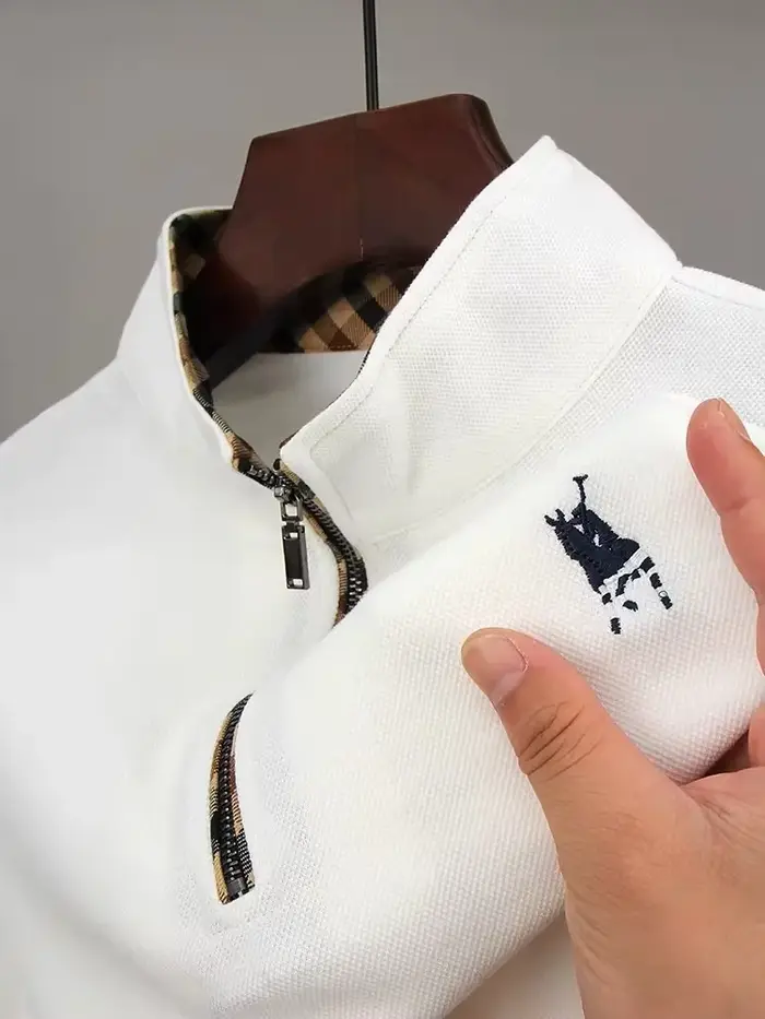 T-shirt à manches longues brodé pour hommes col montant demi-fermeture éclair 100% coton polo décont