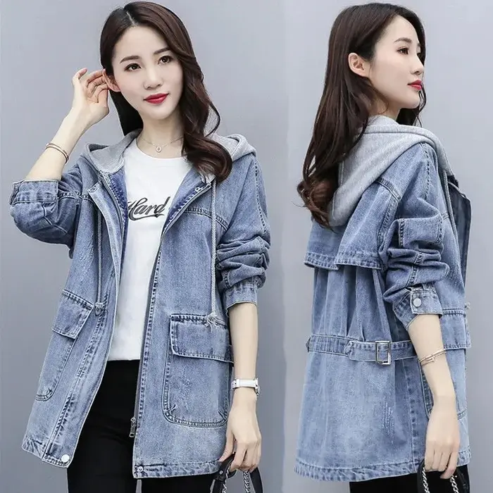 Veste en Jean à Capuche Mi-Longue pour Femme, Style Coréen, Nouvelle Collection Printemps Automne 20
