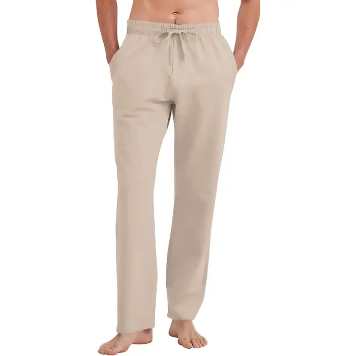Pantalon droit homme coton lin léger respirant été décontracté couleur unie taille élastique confortable