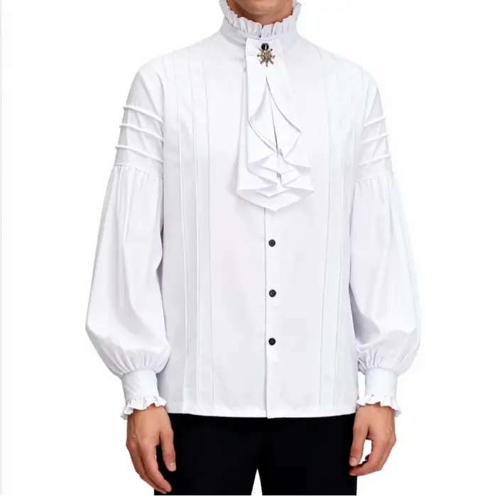 Chemise en coton blanc pour homme, col montant à volants, manches longues lanterne, Pirate Cosplay, 