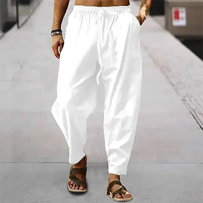 Nouveaux hommes coton lin pantalon été et automne solide taille haute pantalon à jambes larges mâle 