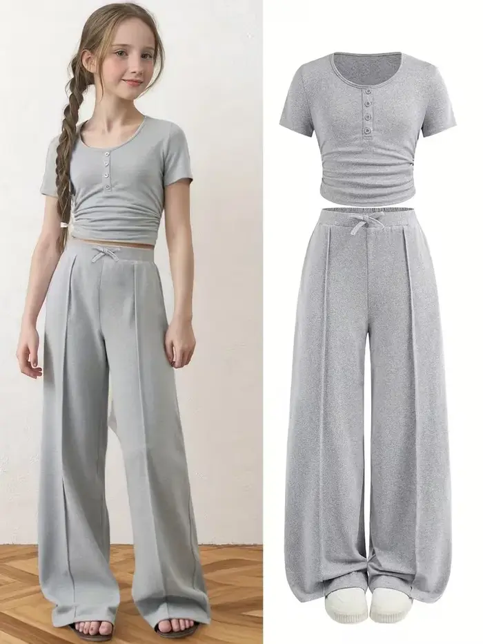 Ensemble 2 pièces en tricot gris pour filles – Haut court froncé à boutons sur le devant et pantalon