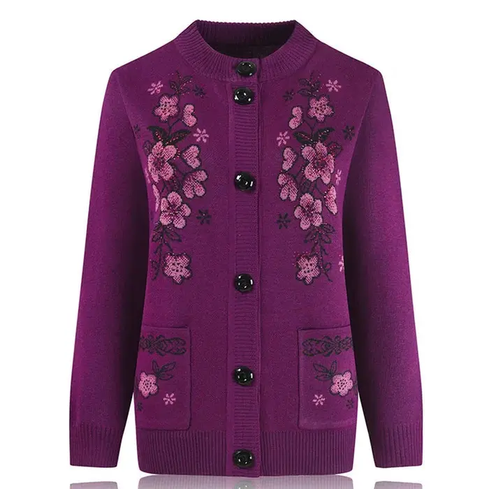 Pull en tricot à manches longues en titane pour femmes d'âge moyen, cardigan de grand-mère, manteau 