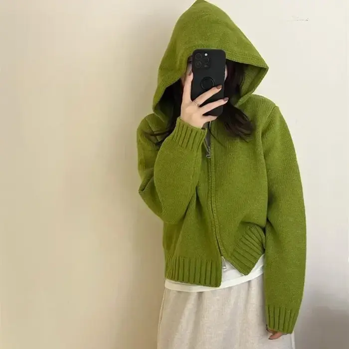 Pull à capuche zippé vintage couleur unie pour femme, style coréen, hauts tricotés, sweats à capuche