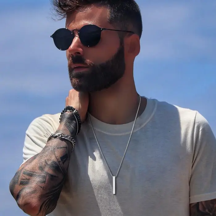 Collier pilier Vnox 5mm - Pendentif barre 3D acier inoxydable minimaliste unisexe pour homme et femme