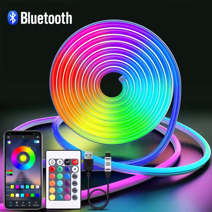 Bande LED néon RGB USB 5V, 1M 2M 3M 4M 5M, avec application Bluetooth et télécommande pour panneau, 
