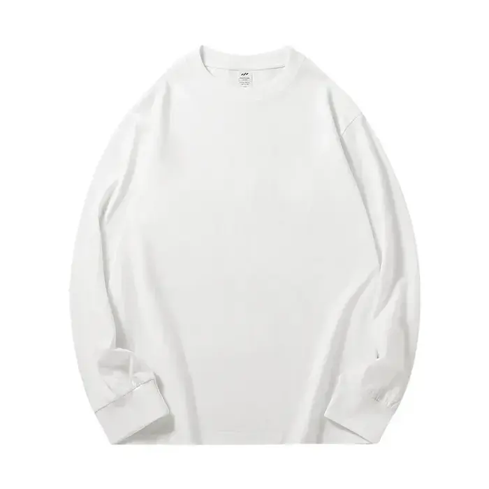 T-shirt à manches longues en pur coton robuste, 300g, haut blanc en peluche, couche de Base épaisse 