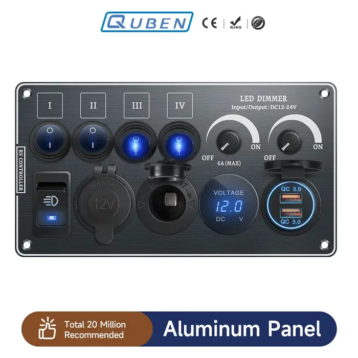 Interrupteur à bascule multifonctions, panneau en aluminium, variateur LED 12V 24V pour RV, double P
