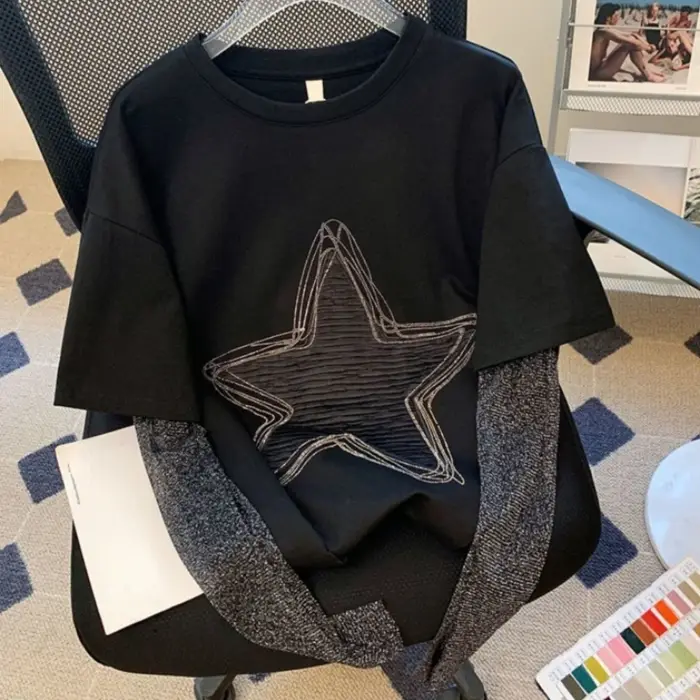 T-shirt manches longues pour femmes, vêtement chic, harajuku, faux deux t-shirts, Y2k, Y-Star, décon