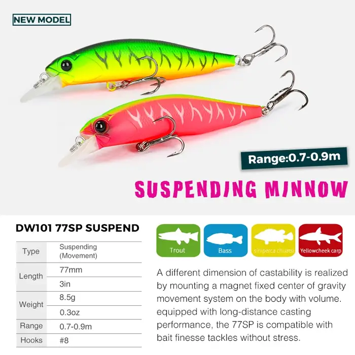 TSURINOYA 77SP Jerkbait 77mm 8.5g DW101 suspendu vairon brochet bar leurre de pêche 0.7-0.9m appât d