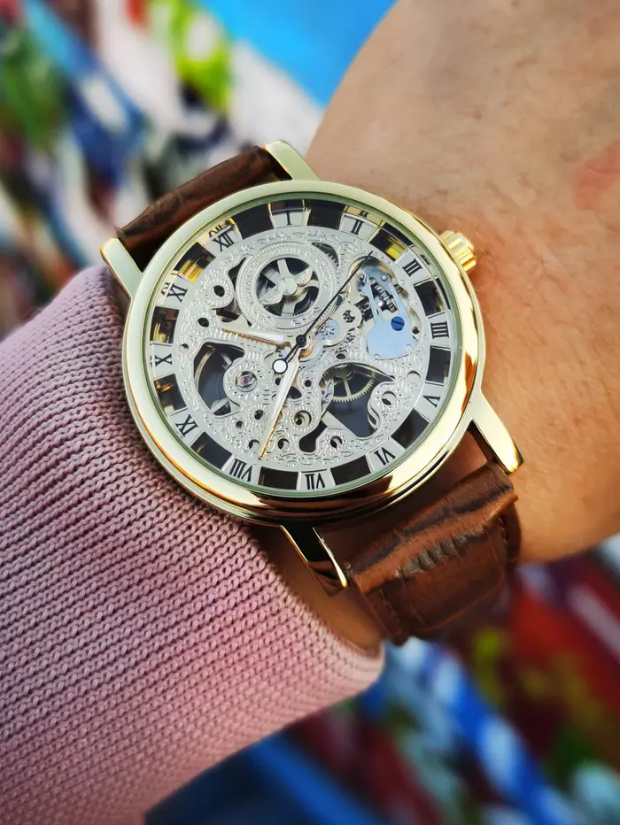 Montre squelette mécanique homme luxe transparente - Bracelet cuir aiguilles lumineuses - Style rétro