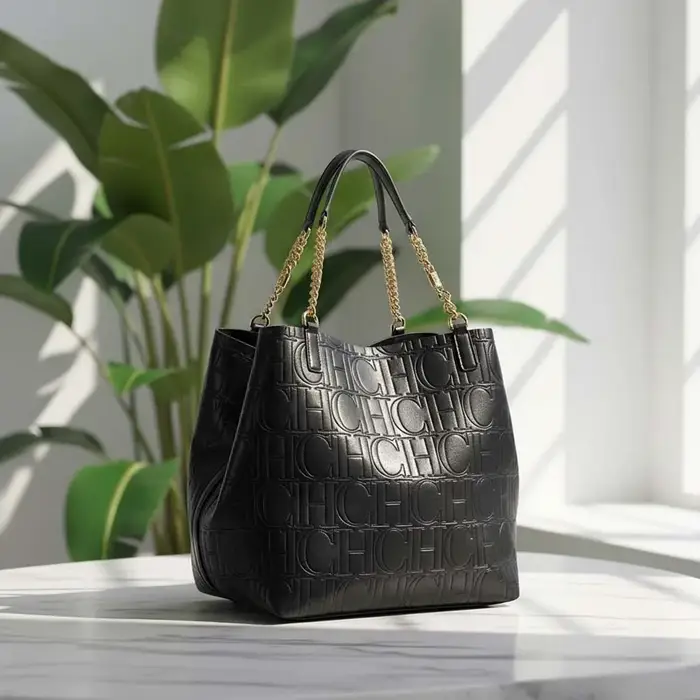 Sac fourre-tout en cuir gaufré CH avec poignée chaîne, intérieur spacieux, idéal pour le bureau, ess
