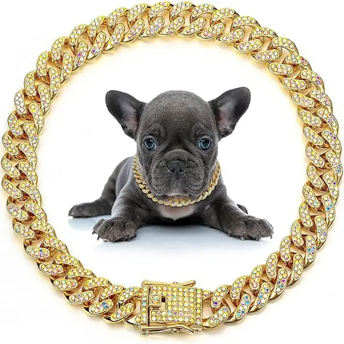 Laisse pour chien en chaîne métallique avec collier cubain en diamant artificiel et boucle de sécuri