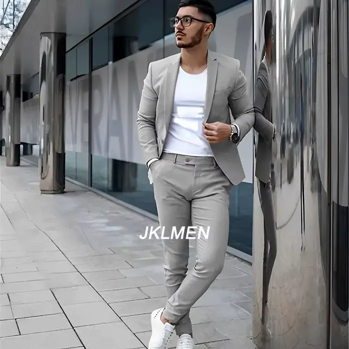 Costume 2 pièces gris pour hommes, veste d'été décontractée, pantalon formel, smoking de mariage, vê