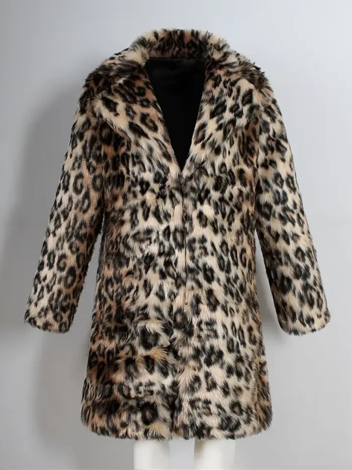 Manteau long en fausse fourrure pour homme, col large, motif léopard, épais, collection automne-hive