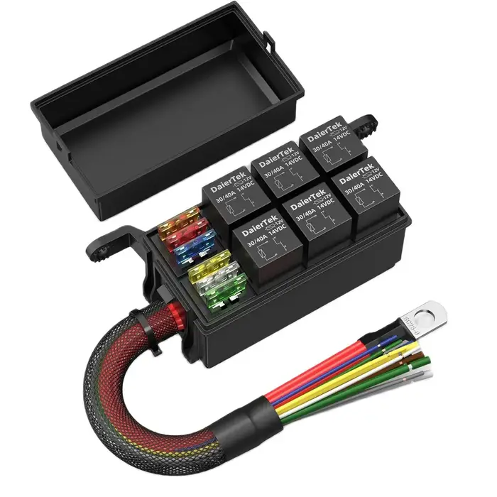 DaierTek 12V boîte de relais 6 voies relais boîte à fusibles 12 AWG pré-câblé boîte de relais étanch
