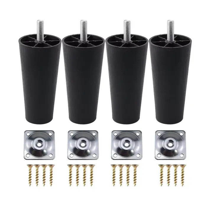 Pieds de Meuble Ronds Coniques en Plastique Noir, avec Plaques de Montage, Tige Filetée M8 x 25, pou