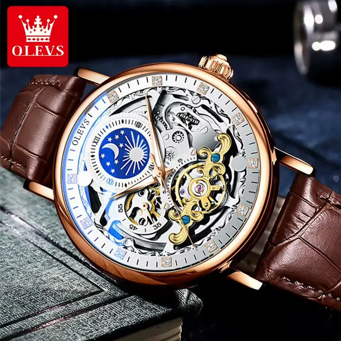 Montre squelette automatique mécanique homme tourbillon sport affaires lune OLEVS relojes hombre