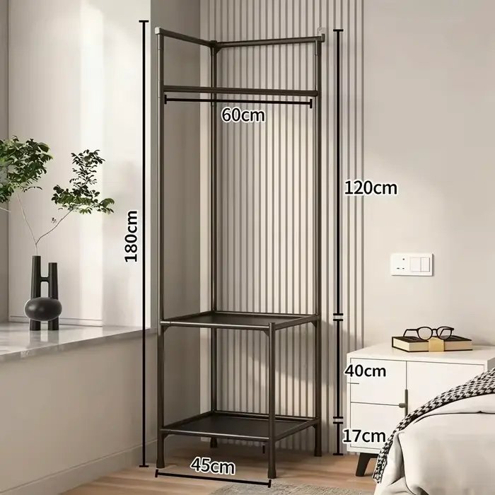Porte-manteau d'angle multifonction multicouche sur pied, cintre d'angle détachable, étagère de rang