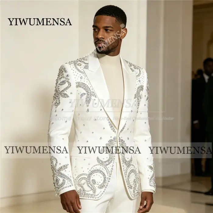 Costume de mariage exclusif pour le marié, blazer perlé de cristaux, ensemble 2 pièces personnalisé,