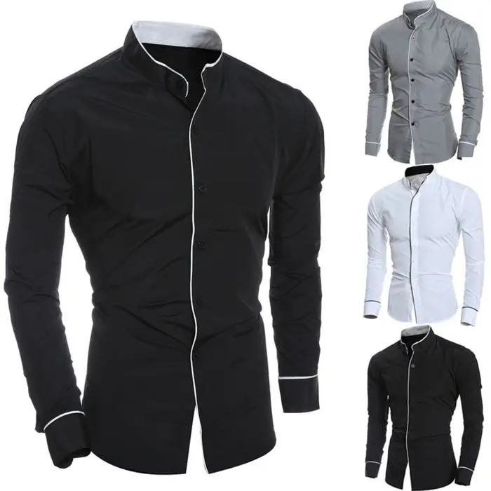 Chemise à manches longues monochromatique pour hommes, chemise couvertes à la mode, boutonnée, debou