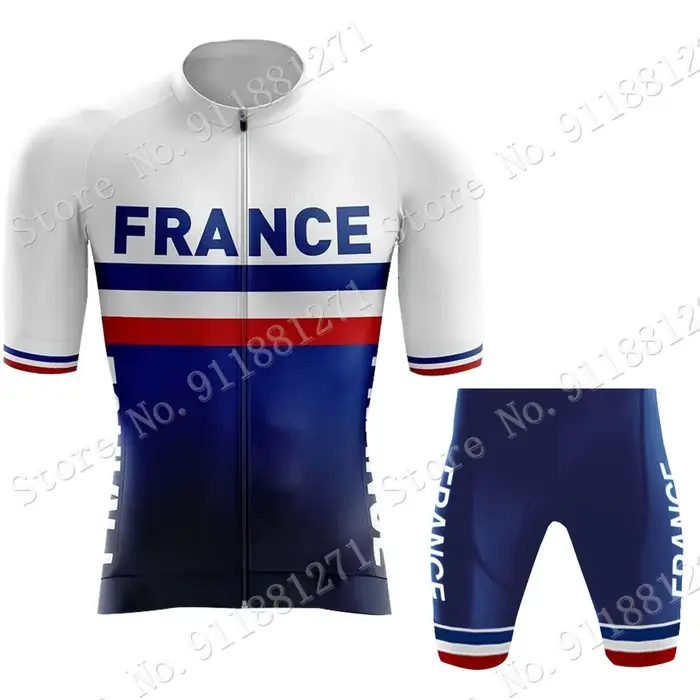 Maillot de Cyclisme Homme Ensembles Rétro Français Bleu Foncé Chemises Courtes Cuissard à Bretelles Pantalon de VTT Occasions Spéciales