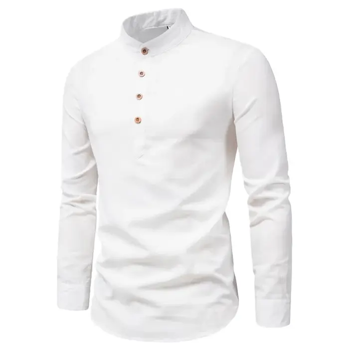 Chemises à manches longues pour hommes, en coton et lin, couleur unie, col montant, décontracté, Sty
