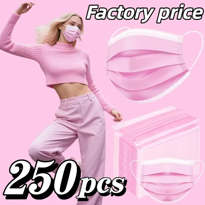 250 pièces! Masques jetables roses épaissis - 3 couches, respirants et confortables, boucles d'oreil