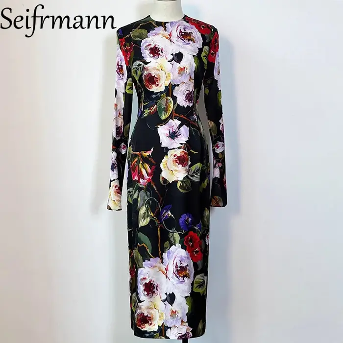 Seifrmann – robe en soie pour femmes, Style Sexy, manches longues, imprimé Vintage, coupe cintrée, p