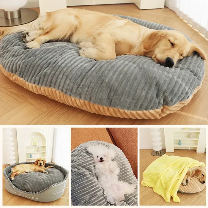 Tapis de lit en velours côtelé Hoopet pour chiens et chats - blanc, bleu marine, bleu foncé - petit, moyen, grand - confort royal pour animaux de compagnie