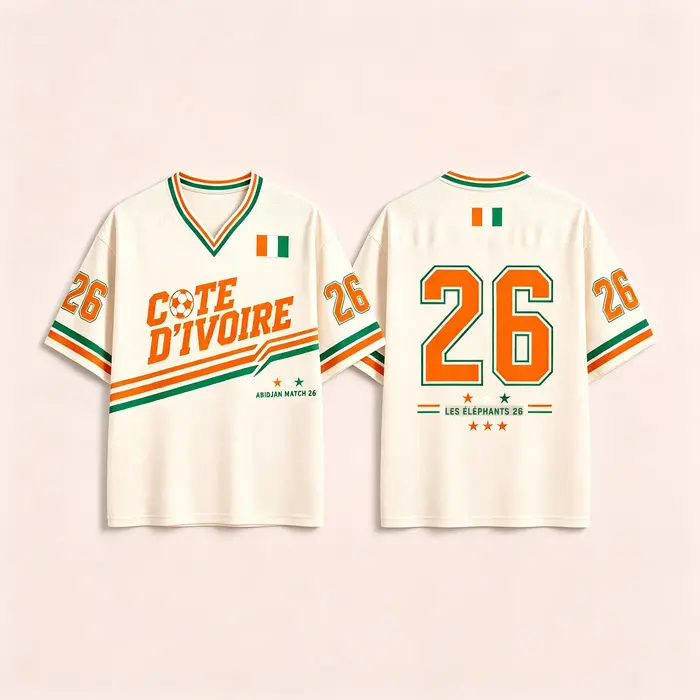 Maillot de football rétro Côte d'Ivoire Abidjan 2026 pour homme, col en V, décontracté, imprimé vint