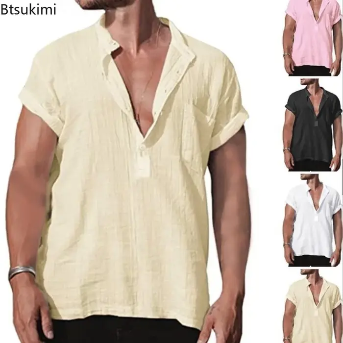 Nouvelles Chemises d'été en Lin Couleur Unie pour Hommes, Col Montant Tendance, Manches Courtes, Coupe Ample Décontractée, T-shirts pour Hommes 2026, Vêtements Masculins