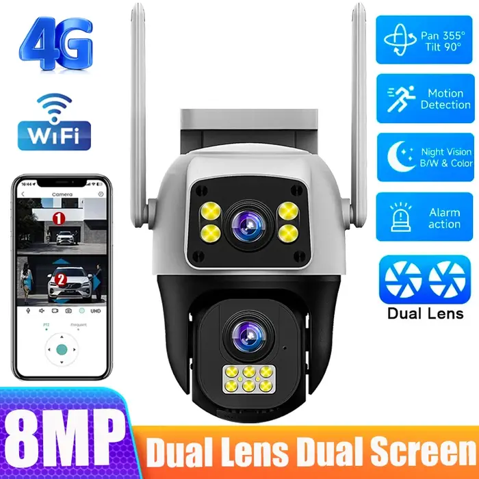 Caméra surveillance 4G 8MP double écran - Détection humaine PTZ wifi extérieur sécurité maison