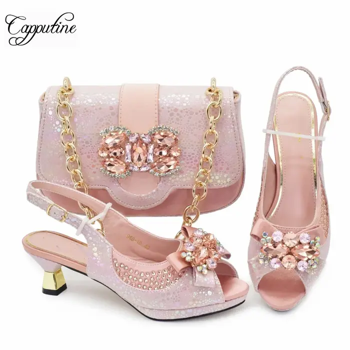 Ensemble de chaussures et sac pour femmes Peach, sandales à talons hauts pour femmes africaines, ass