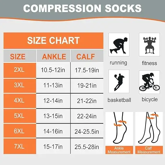 Chaussettes compression grande taille 3XL-7XL pour chasseurs mollets larges 15-20mmHg qualité professionnelle