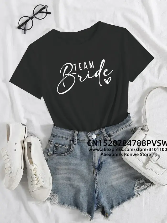 Evjf Hen Party Team Bride T-shirt pour femme, T-shirt de mariage pour fille, T-shirt en Y, Noir, Ros
