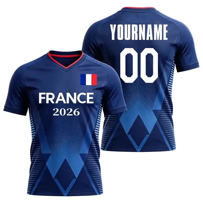 Maillot de l'équipe nationale de France 2026 avec imprimé drapeau, nom et numéro personnalisés, séch