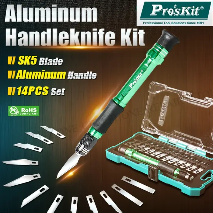Pro'skit PD-398 ensemble de couteaux à découper d'art fait à la main 13 lames + 1 manche en alliage 