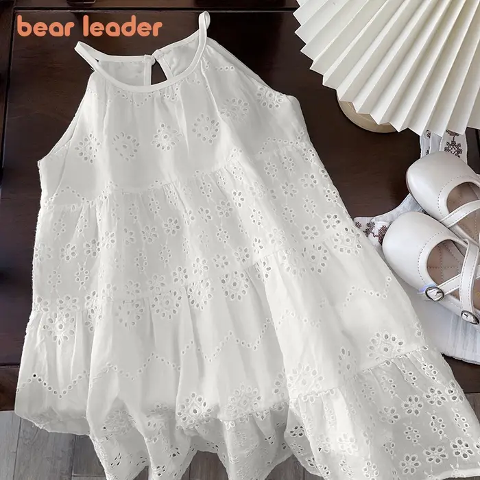 Bear Leader – robe d'été pour filles, Design découpé, à la mode, écharpe, blanche, vacances, longueu